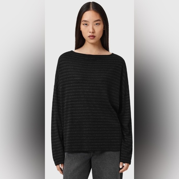 All Saints Tops - All Saints RINA STRIPED SHIMMER T-SHIRT Long Sleeves M Black